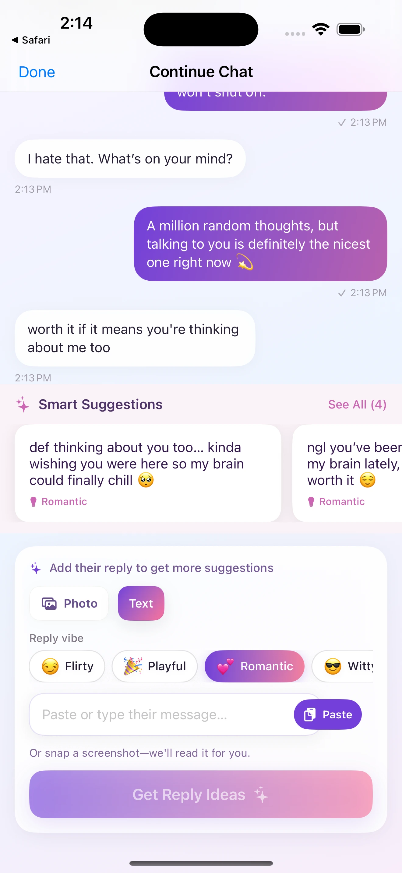 TextVibe conversation with smart reply suggestions